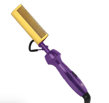 A purple electric hot comb with a ceramic pressing comb head.